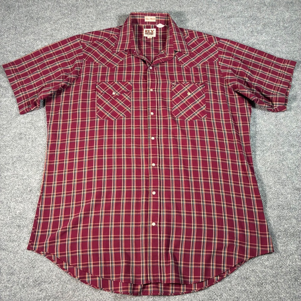 Ely Cattleman Tall Man Western Shirt Mens XLT Burgundy Plaid Pearl Snap Cowboy